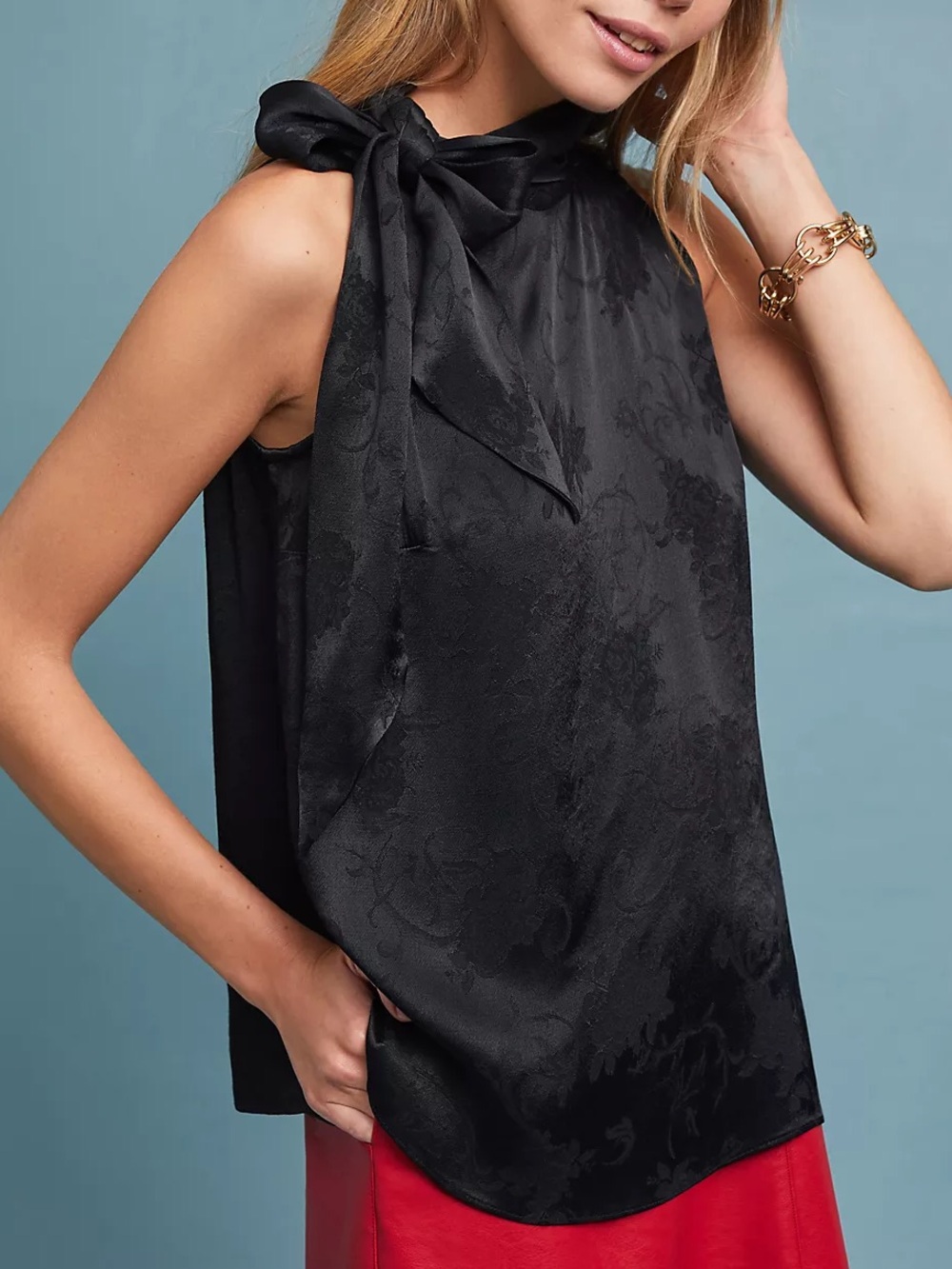 Anthropologie Moulinette Soeurs Black Floral Neck Tie Satin Blouse Women’s sz 10
